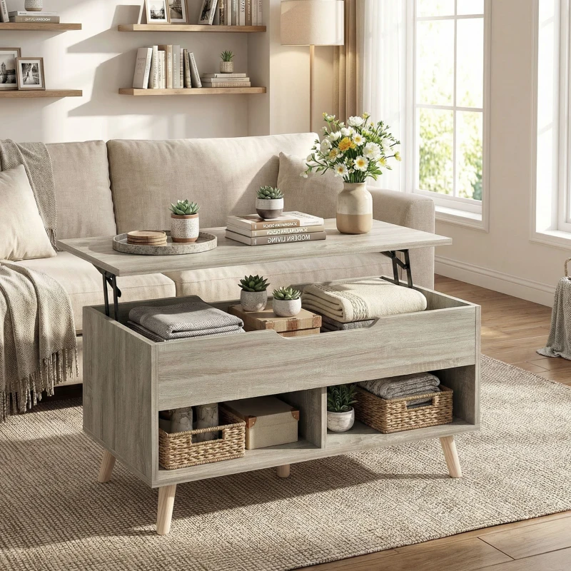 HOMCOM Mesa de centro elevable, mesa de salón con compartimento oculto y estantes abiertos, 75 x 40 x 58 cm, madera natural