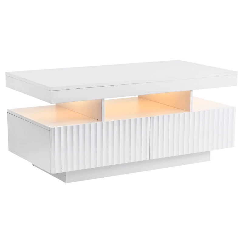 Modern Coffee Table with App-Controlled LED and Two Ribbed Drawers, Sleek Unit with Open Display Shelf, 100L x 50W x 45H cm, White