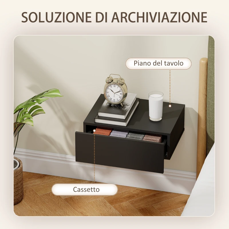 HOMCOM Set di 2 Comodini Sospesi Moderni con Cassetto in Legno, 40x30x15cm, Nero