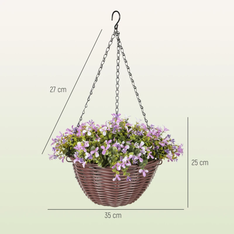 HOMCOM Artificial Flowers in Basket Set of 2, Artificial Hanging Baskets with 75 Leaves and 15 Flowers in Pot, Decorative Plant for Home Office Decor, Purple