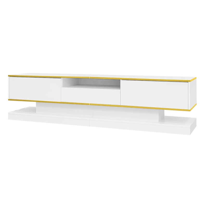 Modern LED TV Cabinet with High-Gloss Finish and Metallic Trim, Spacious Unit with Open Compartment, 180L x 38W x 45H cm, White