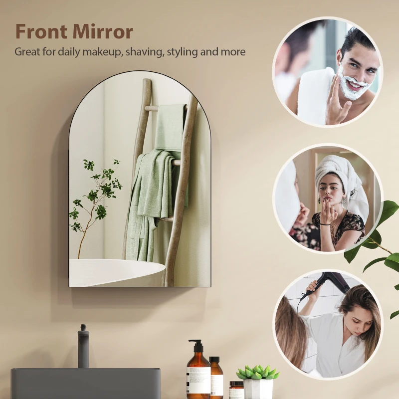 HOMCOM Bathroom Mirror Cabinet with Mirror, Arched Wall Mounted Bathroom Cabinet with Storage Shelves, Black