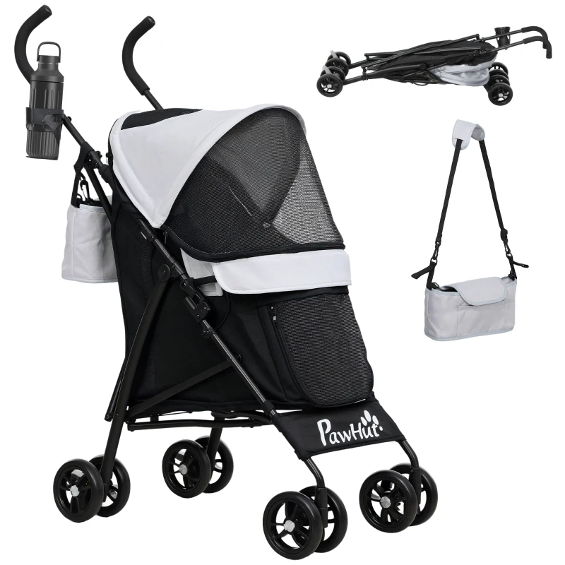 PawHut Umbrella Structure Dog Stroller, Lightweight & Portable Dog Pram w/ Shoulder Strap, Storage Bag & Cup Holder, Light Grey