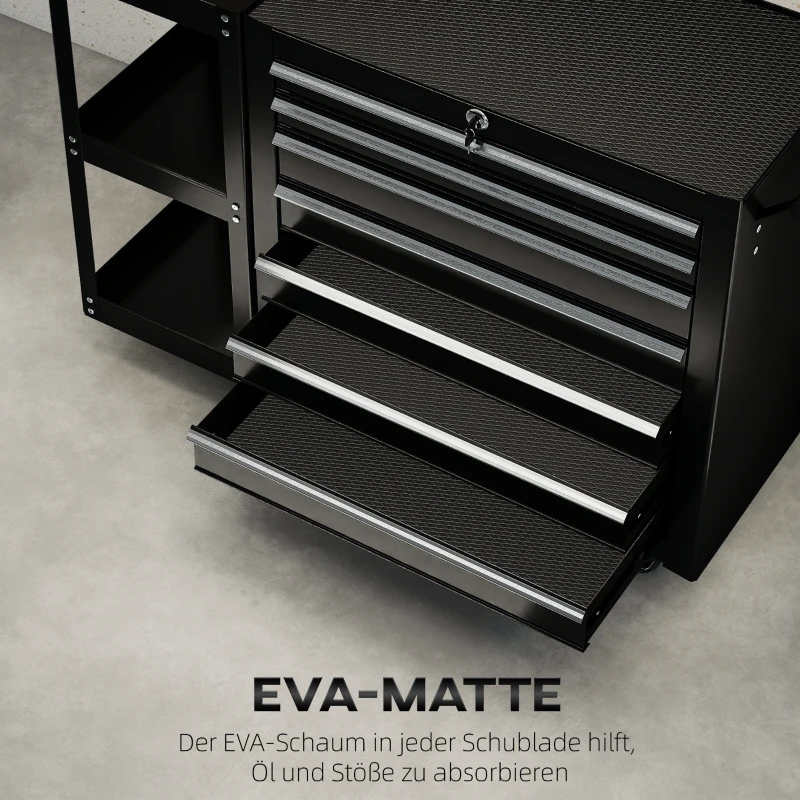 HOMCOM Werkstattwagen Werkzeugwagen mit 7 Schubladen abnehmbar Seitenregal 4 Rollen mit Feststellbremse, 96x33,5x75cm, Schwarz
