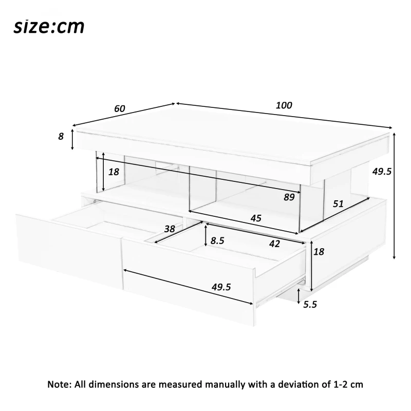 Stylish Coffee Table with 2 Drawers, Open Storage and LED Lights, Durable Center Table for Living Room, 100L x 60W x 49.5H cm, Black