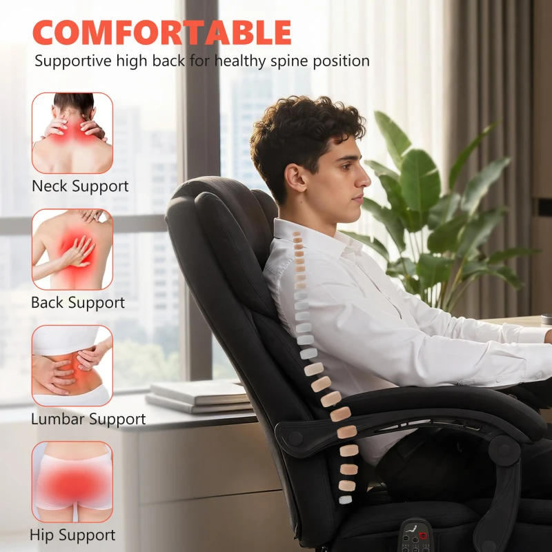 HOMCOM Office Chair with 6-point Vibration Massage and Heat, Fabric Desk Chair with Footrest, High Back, Black