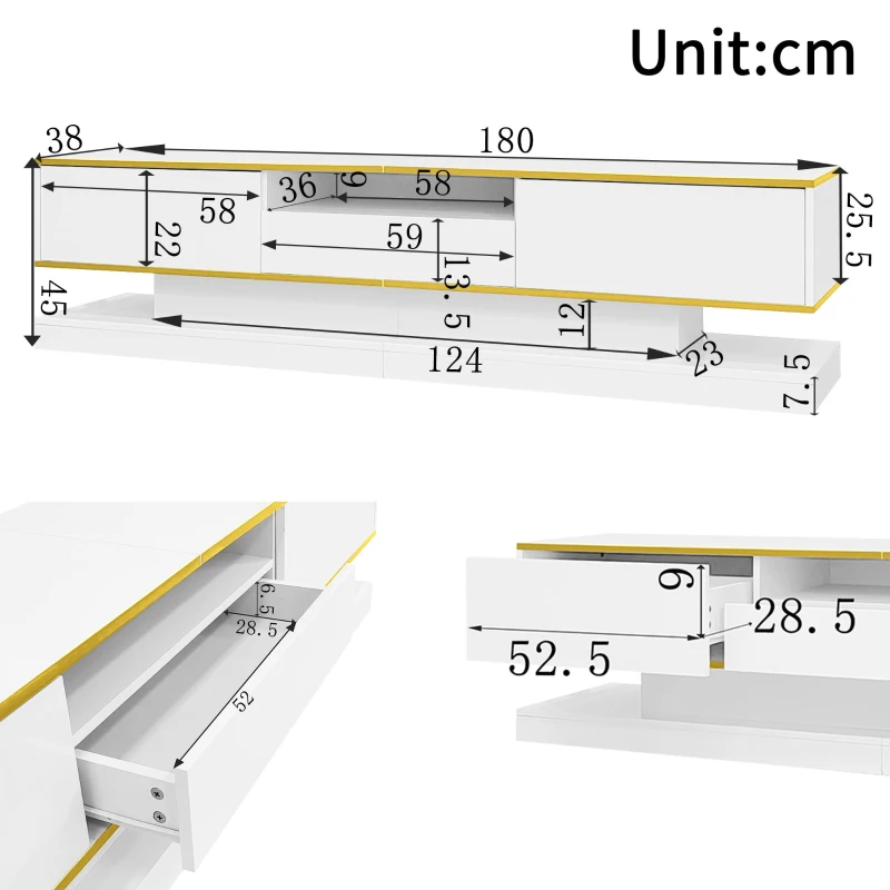 Modern LED TV Cabinet with High-Gloss Finish and Metallic Trim, Spacious Unit with Open Compartment, 180L x 38W x 45H cm, White