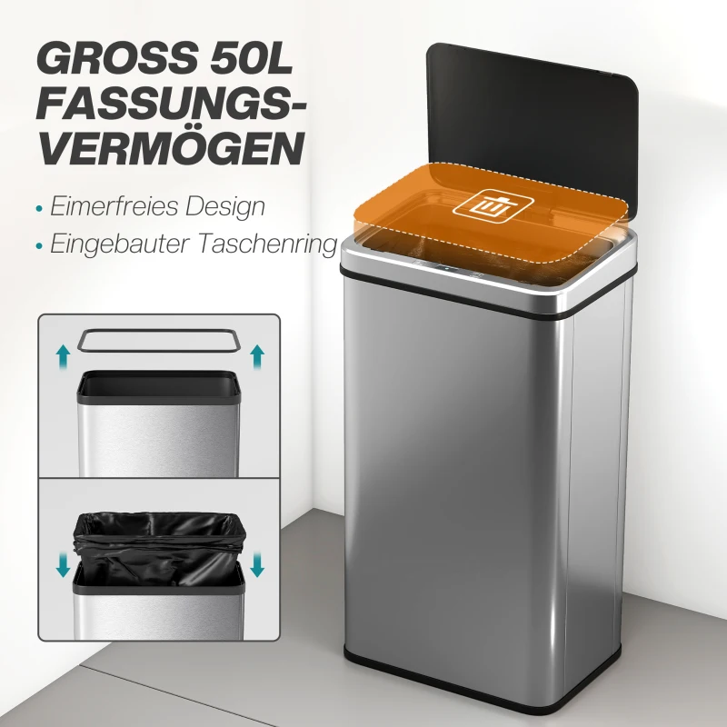 HOMCOM Sensorprullenbak 50 L roestvrij staal automatische prullenbak met soft-close deksel bewegingssensor 35,5 x 26 x 67 cm zilver