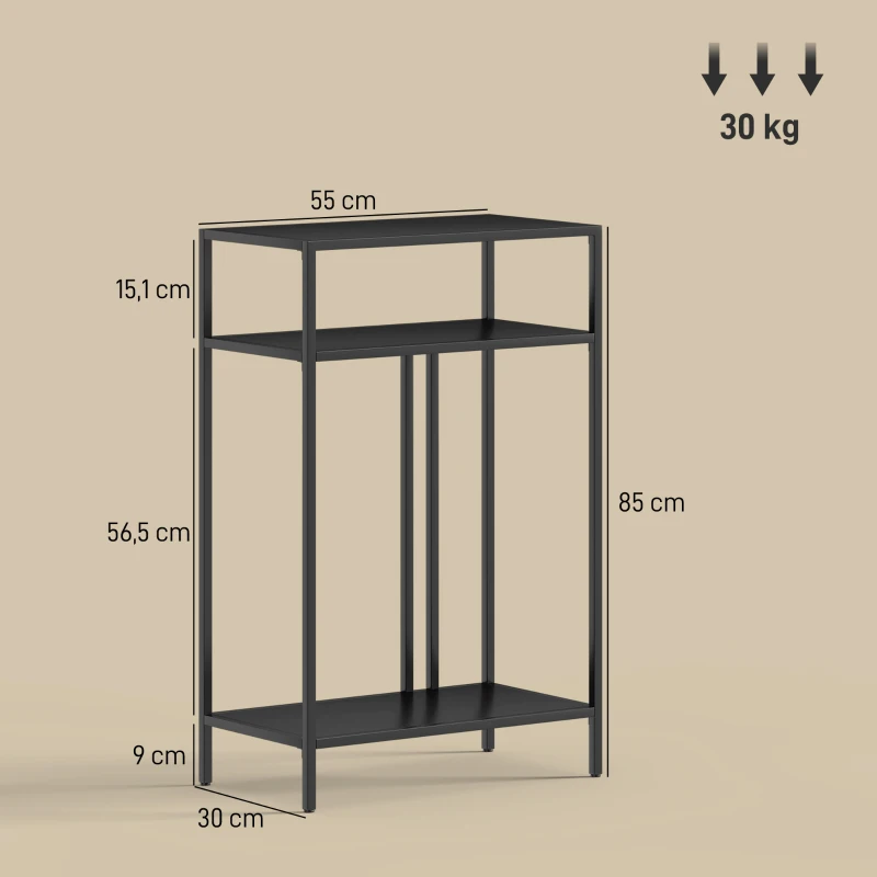 HOMCOM Consoletafel 3 niveaus opbergplanken Smalle Entreetafel Stalen Frame voor Woonkamer Hal 55 cm Zwart