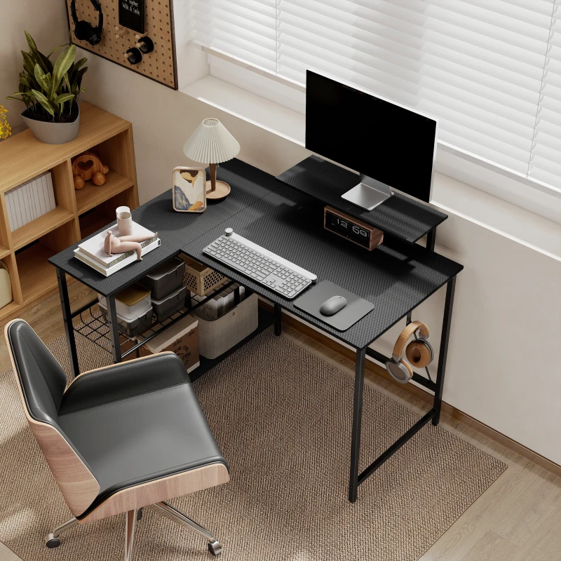 HOMCOM Bureau gaming réversible, bureau gaming d'angle, support pour écran, étagère en maille réglable, 114,5x82x91,5cm, noir