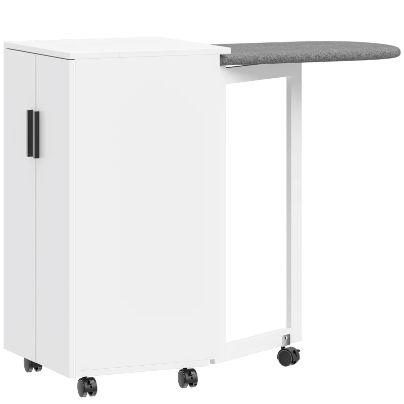 HOMCOM Armoire-table à repasser pliable 2-en-1 sur roulettes avec planche à repasser et étagère réglable pour petits espaces, Blanc