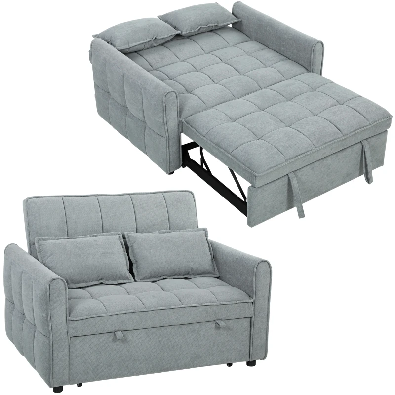 HOMCOM 2 Seater Sofa Bed, 3-in-1 Convertible Sleeper Sofa with Click-clack Adjustable Backrest and 2 Pillows, Grey