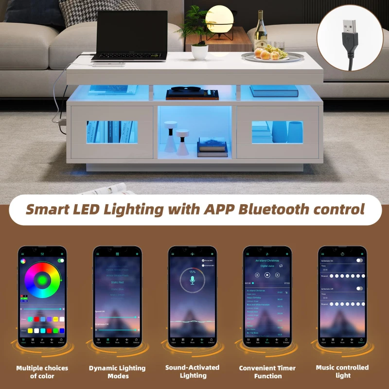 Modern Coffee Table with App-Controlled LED and USB Port, Space-Saving Unit with Acrylic Cabinets and Storage, 100L x 50W x 43H cm, White
