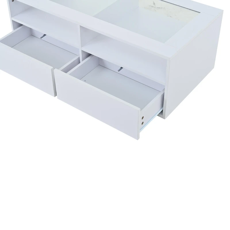 Smart Coffee Table with App-Controlled LED, USB Port and Glass Top, Practical Unit with 2 Drawers and Shelves,100L x 50W x 35H cm, White