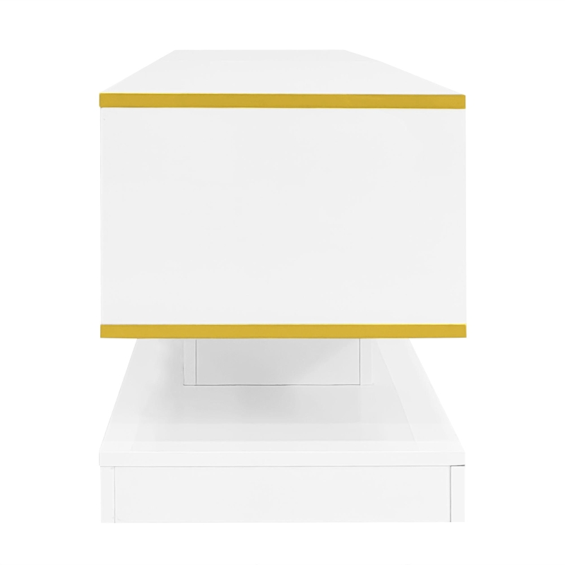 Modern LED TV Cabinet with High-Gloss Finish and Metallic Trim, Spacious Unit with Open Compartment, 180L x 38W x 45H cm, White