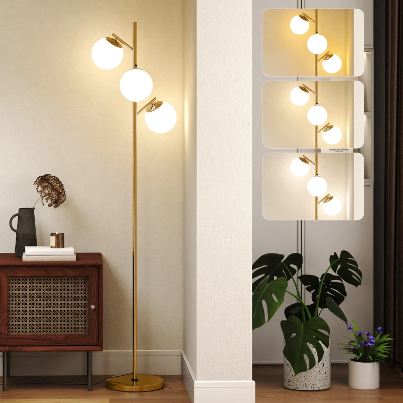 HOMCOM 3-Light Tree Floor Lamps for Living Room, Modern Standing Lamp for Bedroom with Globe Lampshade, 3000K/4000K/6000K Colour Temperatures, Steel Base, Gold Tone