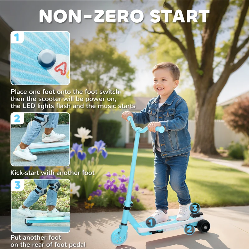 AIYAPLAY Electric Scooter for Kids Aged 4-7 Years, with Flashing LED Lights, Rear Auxiliary Wheels, Blue