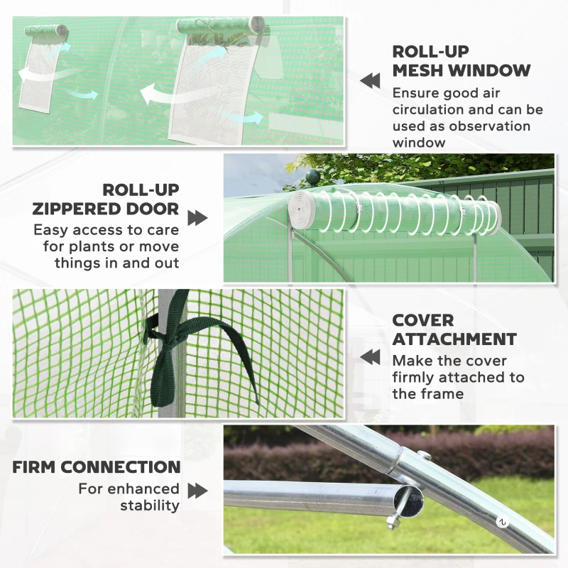 Outsunny Szklarnia foliowa, beżowa, 8 okien z siatką przeciwko owadom, solidna folia, stelaż stalowy, 6 x 3 x 2 m, Zielony