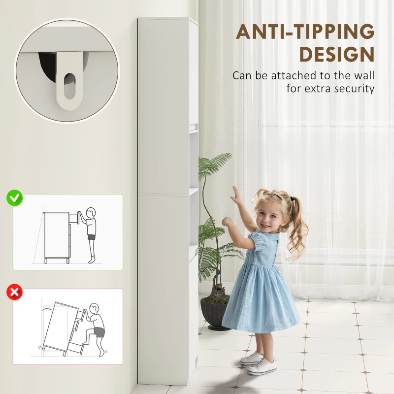 HOMCOM Narrow Bathroom Cabinet, Slim Bathroom Storage Unit with Open Compartment, Freestanding Storage Cupboard with Adjustable Shelves for Small Spaces, 30 x 24 x 170 cm, White