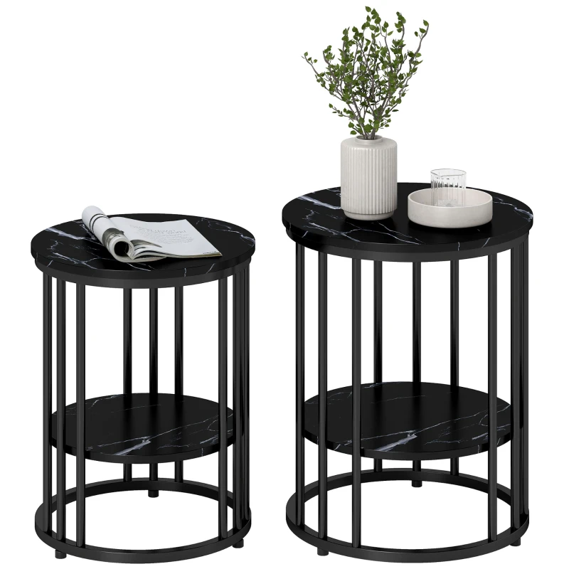 HOMCOM Set of Two Marble-Effect Coffee Tables - Black