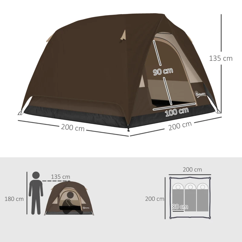 Outsunny 3-4 Person Camping Tent, Easy Set Up 3-4 Man Tent w/ Sewn-in Groundsheet, Waterproof Dome Tent w/ Mesh Windows, Brown