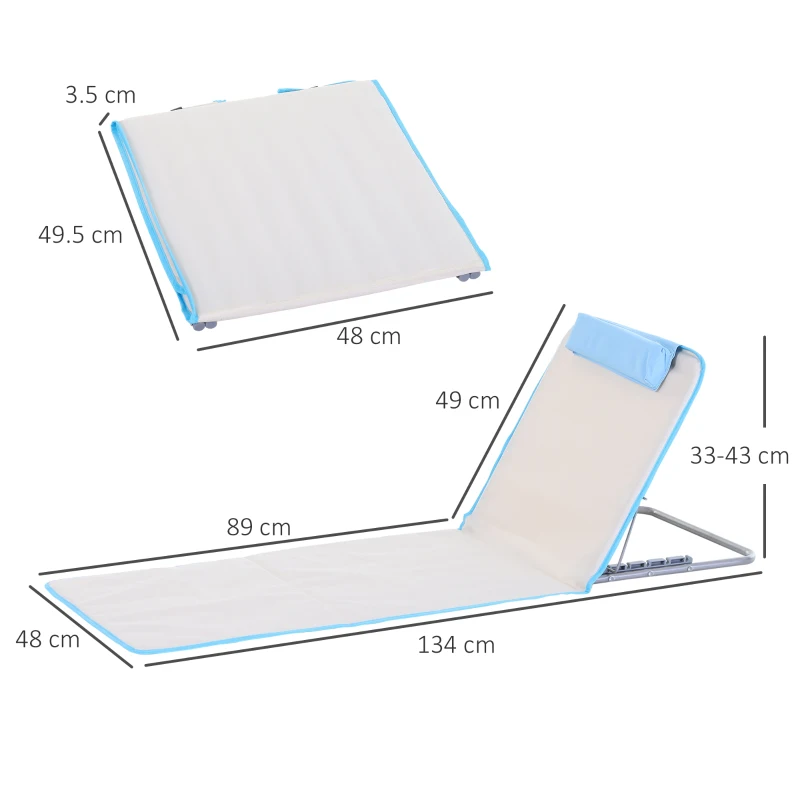 Outsunny Set of 2 Foldable Garden Beach Chair Mat, Lightweight Outdoor Sun Lounger Seats with Adjustable Back, Metal Frame, PE Fabric Head Pillow and Carry Bag, Cream White
