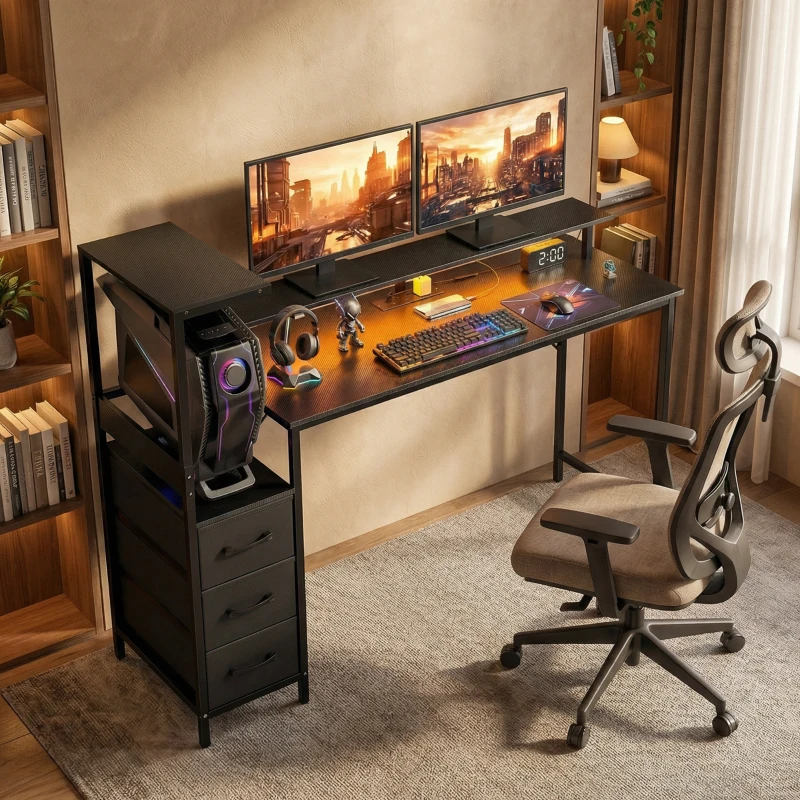 HOMCOM 147cm Gaming Desk with Charging Station and Monitor Stand, Computer Table for Home Office with RGB Lights, Black