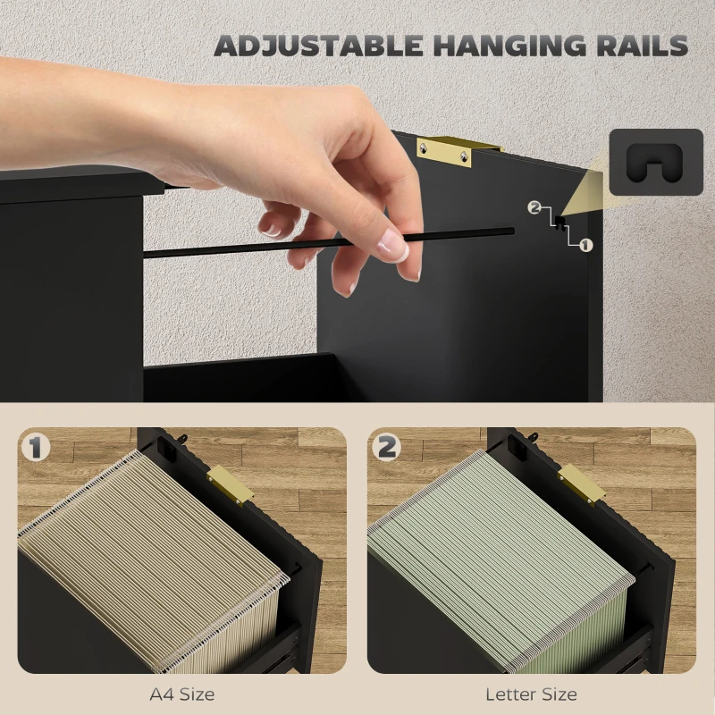 HOMCOM Filing Cabinet, Fluted Vertical File Cabinet with 3 Lockable Drawers and Hanging Rails, Black