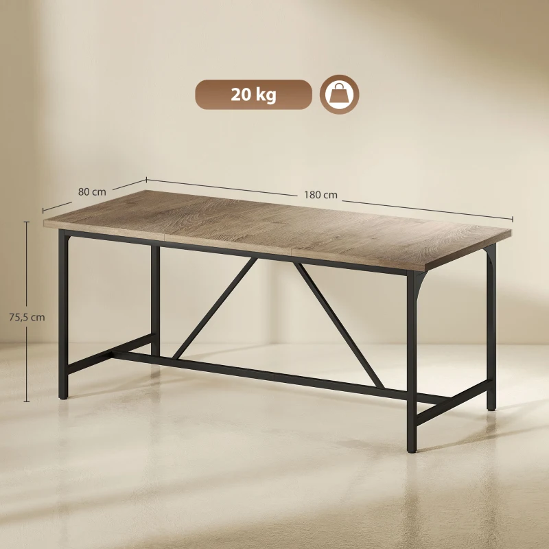 HOMCOM Rechthoekige Eettafel voor 6-8 Personen, Moderne Keukentafel – Houtlook Tafelblad & Zwarte Stalen Poten met Verstelbare Doppen, 180 x 80 cm, Naturel
