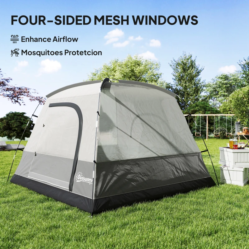 Outsunny 3-4 Person Camping Tent, Easy Set Up 3-4 Man Tent w/ Sewn-in Groundsheet, Waterproof Dome Tent w/ Mesh Windows, Grey