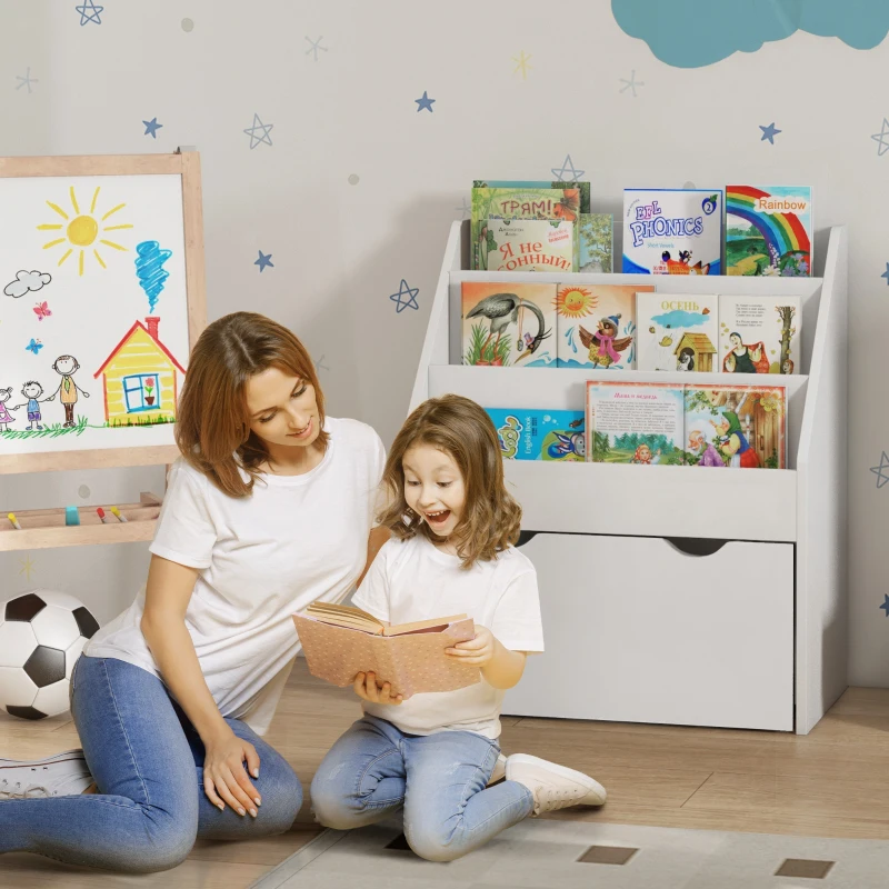 AIYAPLAY Bibliothèque pour enfants Multi-Rangement avec 3 niveaux d'étagères et un tiroir, 62,5L x 30l x 70H cm, blanc