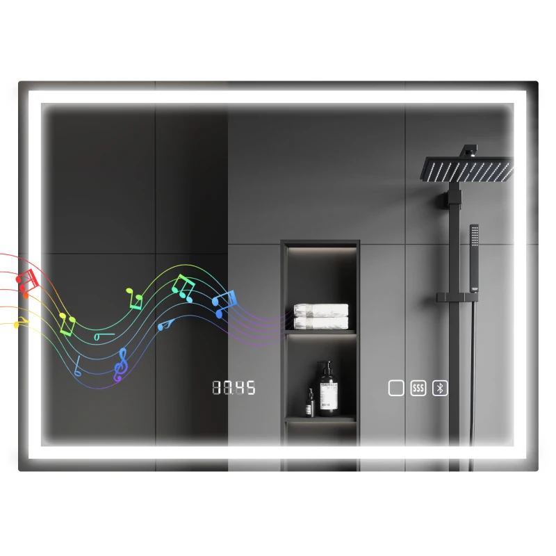HOMCOM 60 x 80 cm Anti-Fog LED Bathroom Mirror, with Bluetooth and Clock - Silver Tone