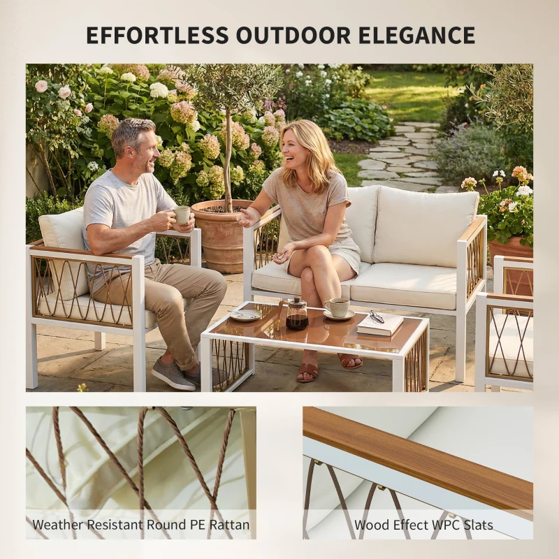 Outsunny 4 Piece Rattan Garden Furniture Set with Loveseat, 2 Armchairs, Table, Metal Frame Patio Conversation Set, Cream White