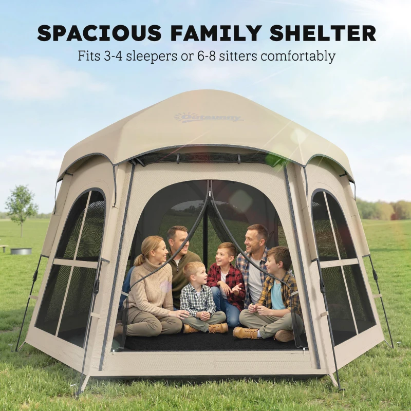 Outsunny Pop Up Tent 3000mm Waterproof Instant Camping Tent 3-4 Person with 2 Doors 4 Windows Khaki