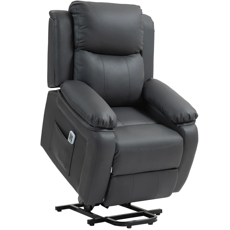 HOMCOM Riser and Recliner Chair with Massage, PU Leather Power Lift Chair for Elderly with Thick and High Back, Headrest, Removable Armrests, Footrest, Side Pockets, Electric Lift Armchair, Dark Grey