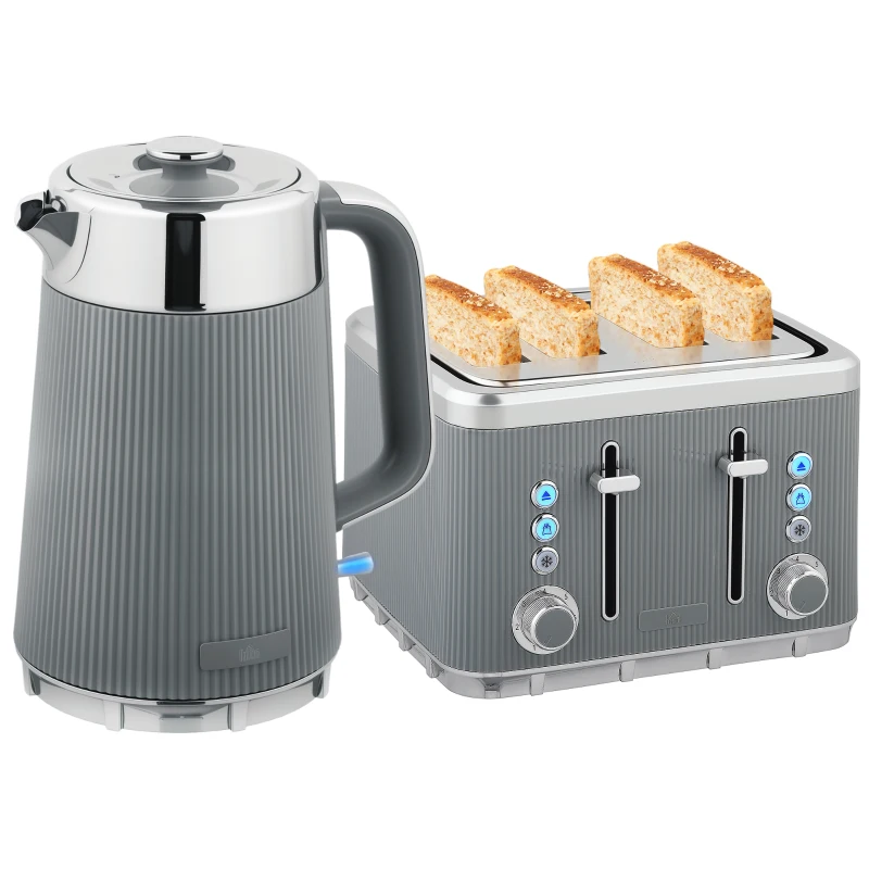 HOMCOM Electric Stainless Steel Kettle and Toaster Set, 3000W 1.7L UK Strix Thermostat Fast Boil Kettle w/ Limescale Filter, Cool Touch Body, 4 Slice Toaster with 7 Browning Levels, Crumb Tray, Grey