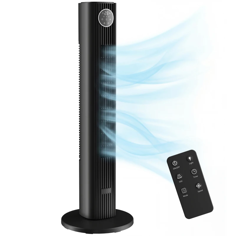 HOMCOM 28dB Tower Fan for Bedroom, 26 ft/s Velocity Standing Cooling Fan with 80° Oscillating, 12 Speeds, LED Display, 4 Modes, 12H Timer, Bladeless, Remote Control, 36 inch, Black