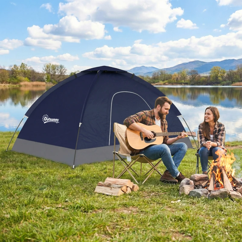 Outsunny 2 Person Camping Tent, Dome Tent with Zipped Doors, Storage Pocket, Portable Handy Bag, Navy Blue