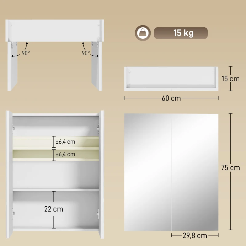HOMCOM Bademöbel Spiegelschrank Badeschrank Hängeschrank Badezimmer Spiegel Schrank (60 x 15 x 75 cm)