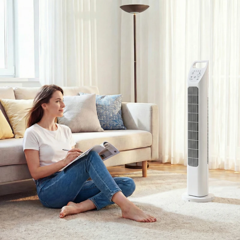HOMCOM Ventilateur colonne avec télécommande, minuterie 7,5 h, ventilateur silencieux pour chambre, Blanc
