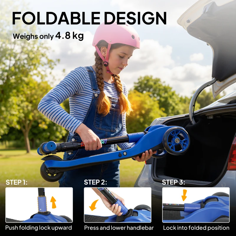 AIYAPLAY Three-Wheel Foldable Electric Scooter for Kids Aged 6-10 Years, Blue