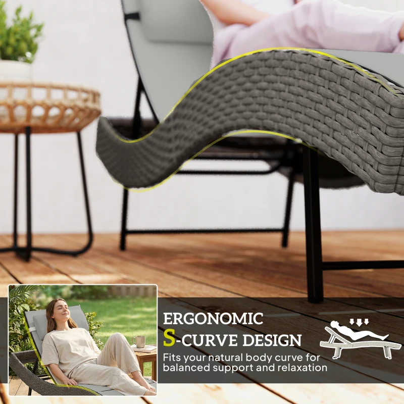 Outsunny Poly Rattan Ligstoel S-vormige Tuinligstoel met 5-voudig verstelbare Rugleuning, Hoofdkussen, Ademend en UV-bestendig