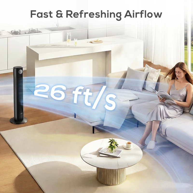 HOMCOM 28dB Tower Fan for Bedroom, 26 ft/s Velocity Standing Cooling Fan with 80° Oscillating, 12 Speeds, LED Display, 4 Modes, 12H Timer, Bladeless, Remote Control, 36 inch, Black