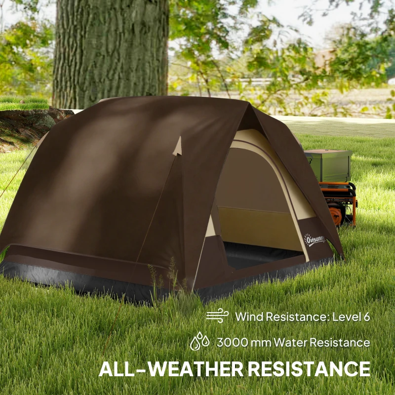 Outsunny 3-4 Person Camping Tent, Easy Set Up 3-4 Man Tent w/ Sewn-in Groundsheet, Waterproof Dome Tent w/ Mesh Windows, Brown
