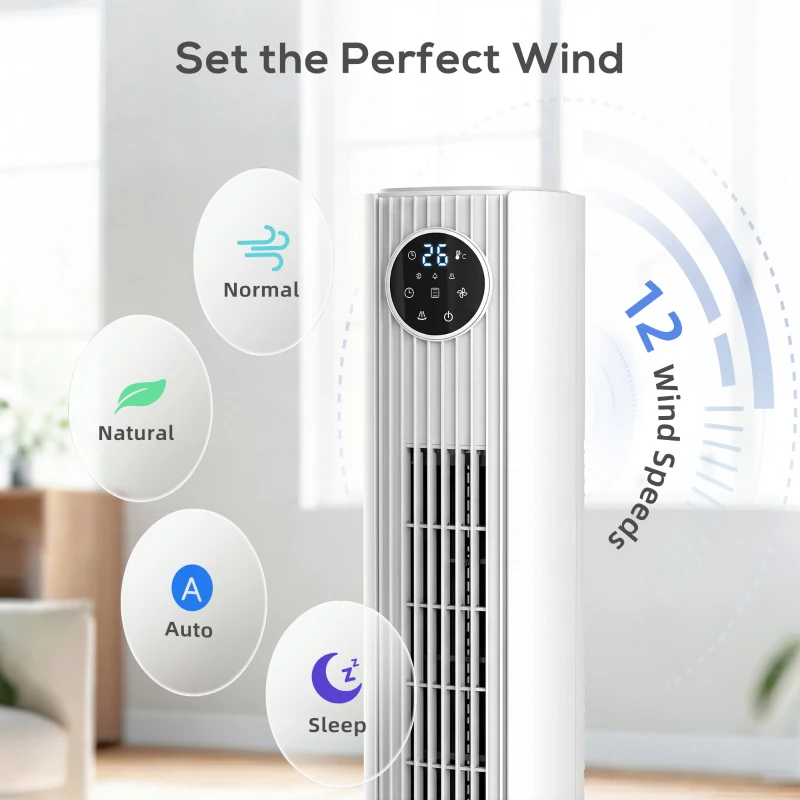 HOMCOM 28dB Tower Fan for Bedroom, 26 ft/s Velocity Standing Cooling Fan with 80° Oscillating, 12 Speeds, LED Display, 4 Modes, 12H Timer, Bladeless, Remote Control, 36 inch, White