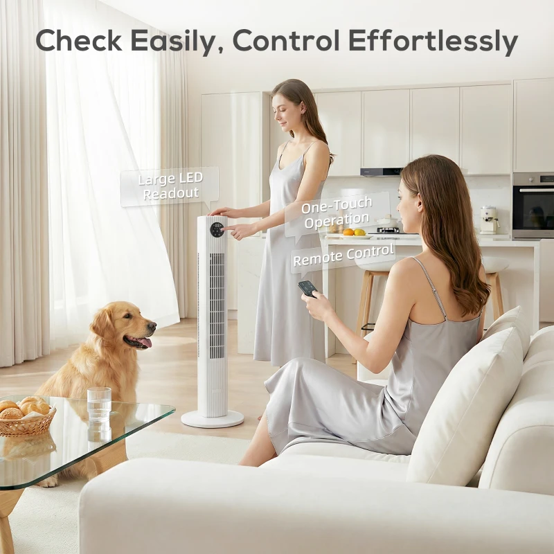 HOMCOM 28dB Tower Fan for Bedroom, 26 ft/s Velocity Standing Cooling Fan with 80° Oscillating, 12 Speeds, LED Display, 4 Modes, 12H Timer, Bladeless, Remote Control, 36 inch, White