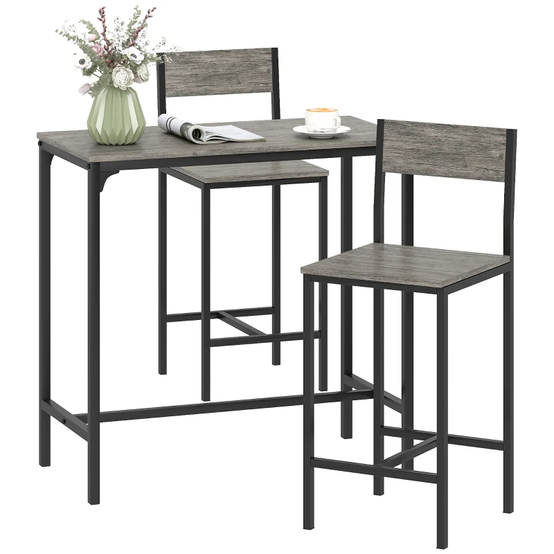 HOMCOM 3-Piece Bar Table Set with 2 Stools, Industrial Breakfast Bar Set with Footrest, Backrest for Dining Room, Small Space