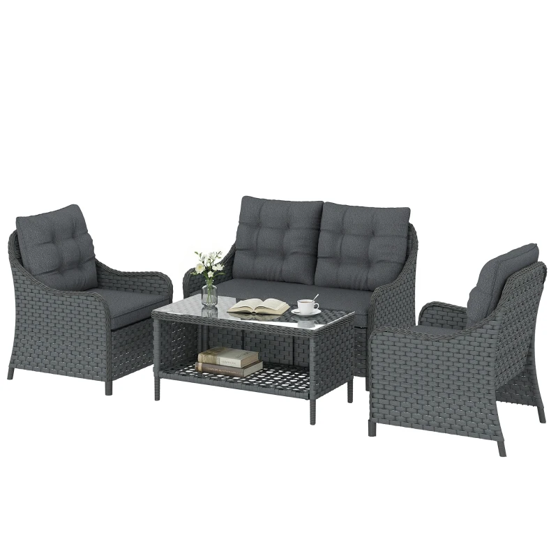 Outsunny 4-Piece Wicker Patio Furniture Set with 2 Armchairs, Loveseat, Glass Coffee Table, Conversation Sofa Set, Dark Grey