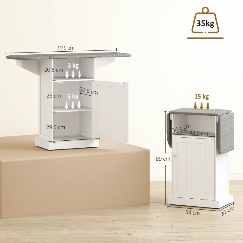 HOMCOM Meuble Planche à Repasser Pliable sur Roulettes avec Étagère Ouverte et Armoire, 121x37x89 cm, Blanc et Gris