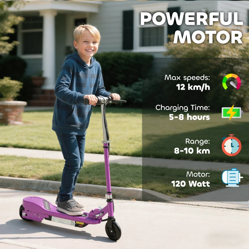 HOMCOM Foldable Electric Kids Scooter, Ride-on for Ages 7-14 Years, Purple